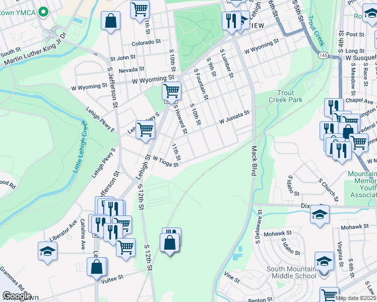 map of restaurants, bars, coffee shops, grocery stores, and more near 1334 South Howard Street in Allentown