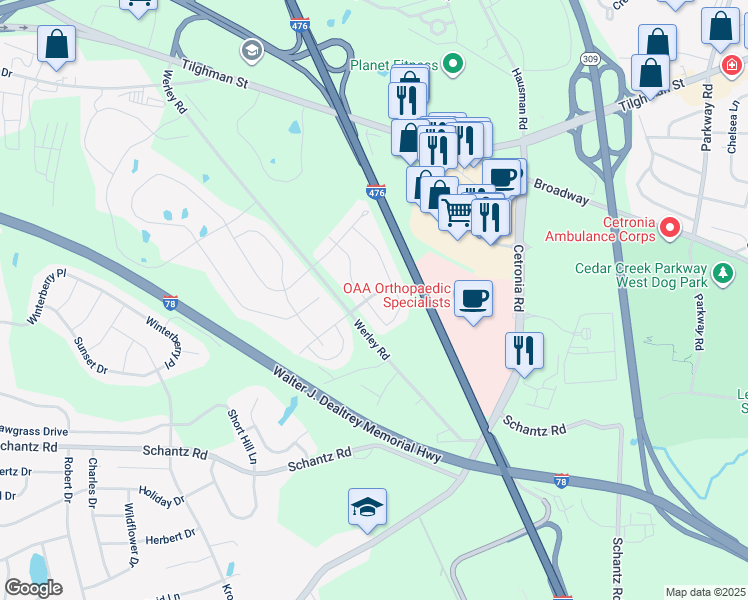 map of restaurants, bars, coffee shops, grocery stores, and more near 270 Blue Sage Drive in Allentown