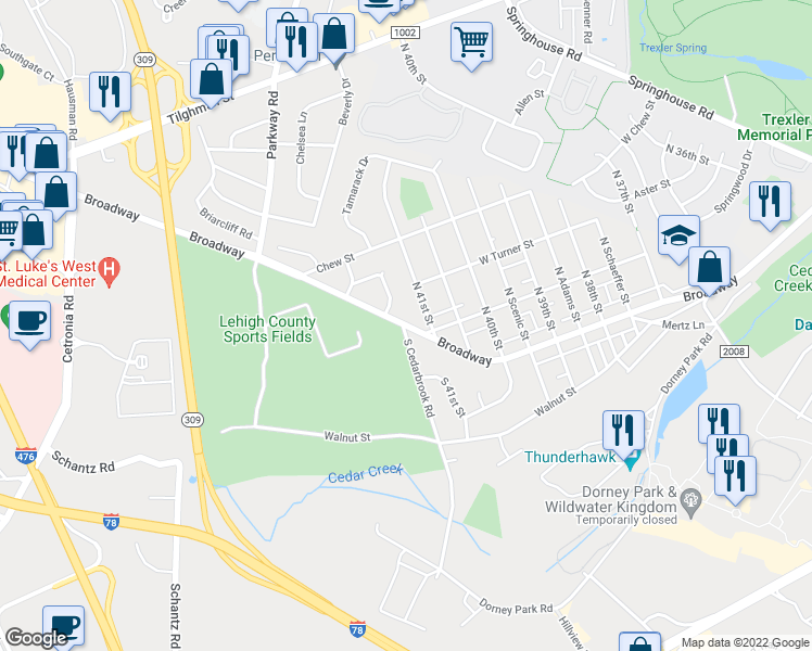 map of restaurants, bars, coffee shops, grocery stores, and more near Broadway in Allentown