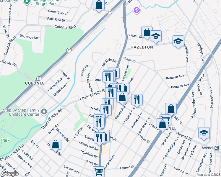 map of restaurants, bars, coffee shops, grocery stores, and more near 1330 Saint Georges Avenue in Woodbridge Township