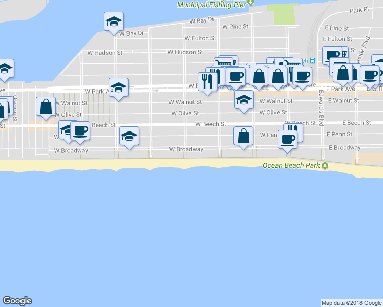 map of restaurants, bars, coffee shops, grocery stores, and more near 408 Oceanfront in Long Beach