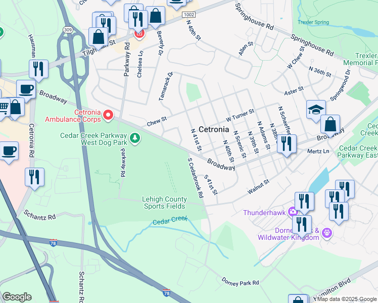 map of restaurants, bars, coffee shops, grocery stores, and more near 1 South Cedarbrook Road in Allentown