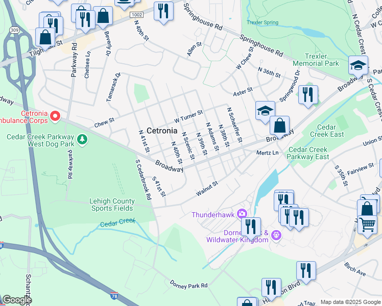 map of restaurants, bars, coffee shops, grocery stores, and more near 23 North Scenic Street in Allentown