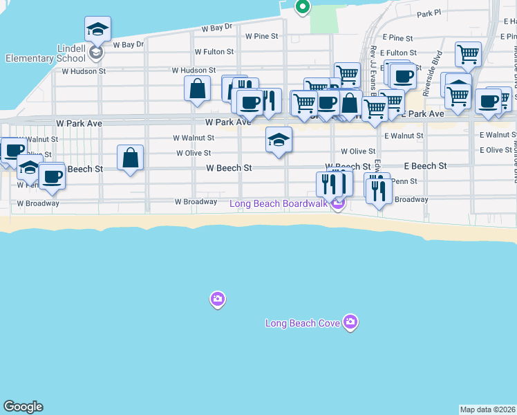 map of restaurants, bars, coffee shops, grocery stores, and more near 260 West Broadway in Long Beach