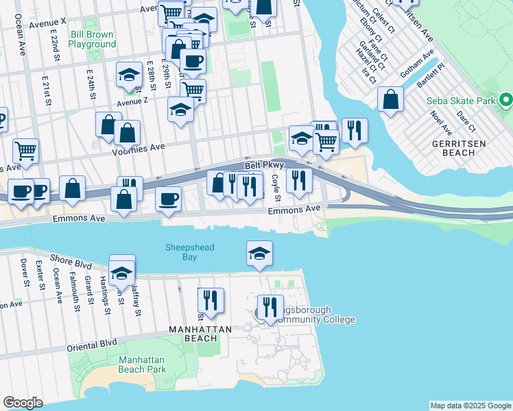 map of restaurants, bars, coffee shops, grocery stores, and more near 3105 Emmons Avenue in Brooklyn