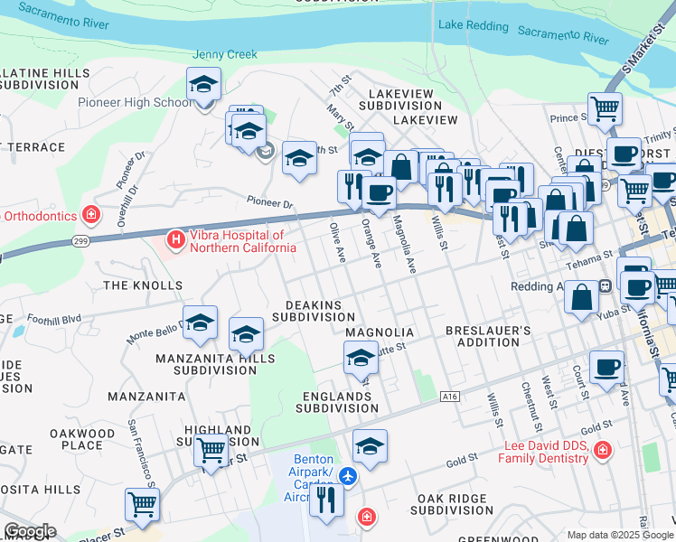 map of restaurants, bars, coffee shops, grocery stores, and more near 1228 Olive Avenue in Redding
