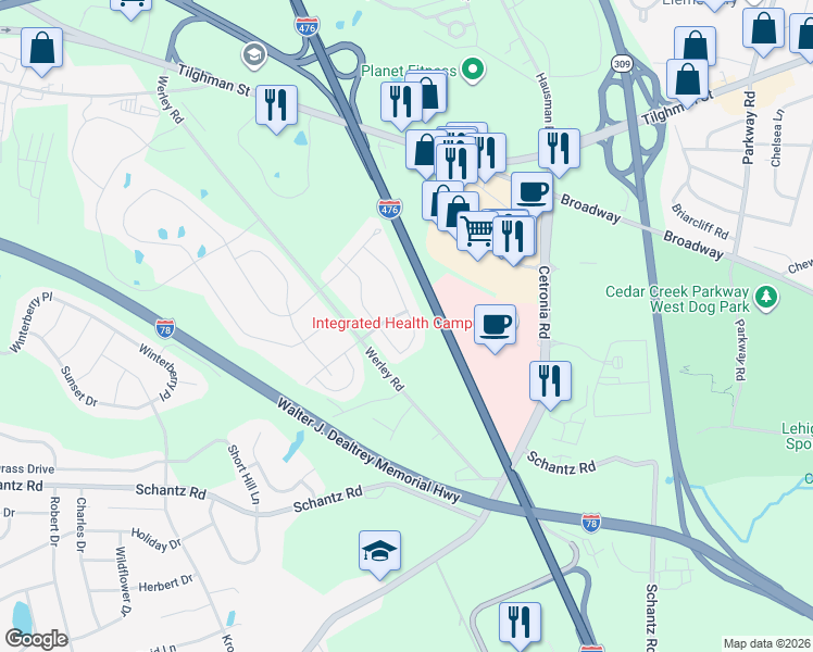 map of restaurants, bars, coffee shops, grocery stores, and more near 248 Milkweed Drive in Allentown