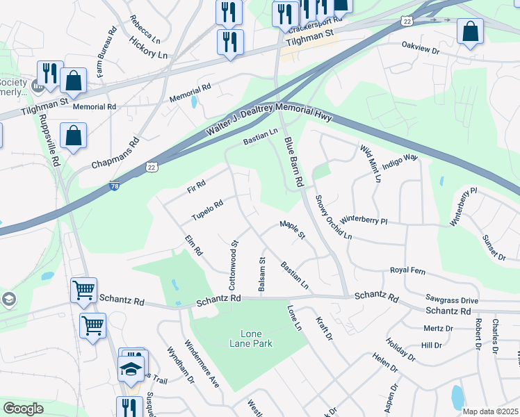 map of restaurants, bars, coffee shops, grocery stores, and more near 216 Briarwood Court in Allentown
