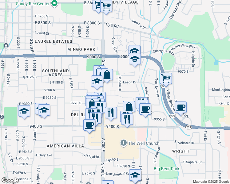 map of restaurants, bars, coffee shops, grocery stores, and more near 9232 Ashbourne Drive in Sandy