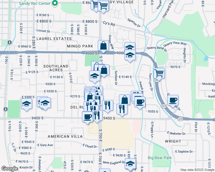 map of restaurants, bars, coffee shops, grocery stores, and more near 9235 South 700 East in Sandy