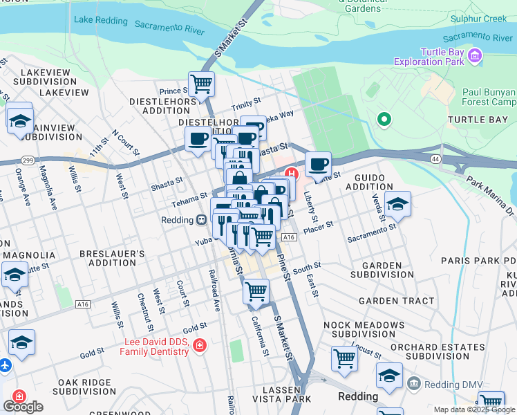 map of restaurants, bars, coffee shops, grocery stores, and more near 1320 Yuba Street in Redding