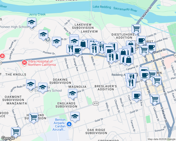 map of restaurants, bars, coffee shops, grocery stores, and more near 2149 Shasta Street in Redding