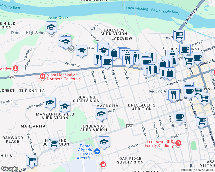 map of restaurants, bars, coffee shops, grocery stores, and more near 1200 Orange Avenue in Redding