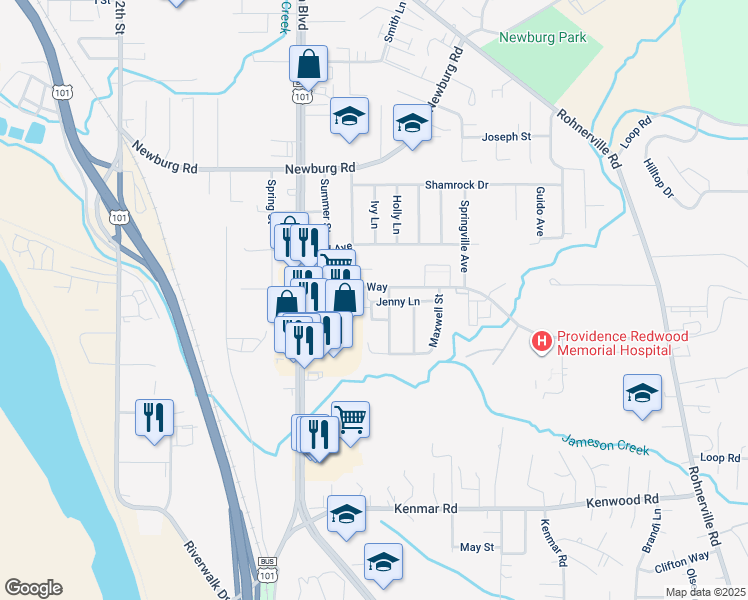 map of restaurants, bars, coffee shops, grocery stores, and more near 768 Barry Avenue in Fortuna