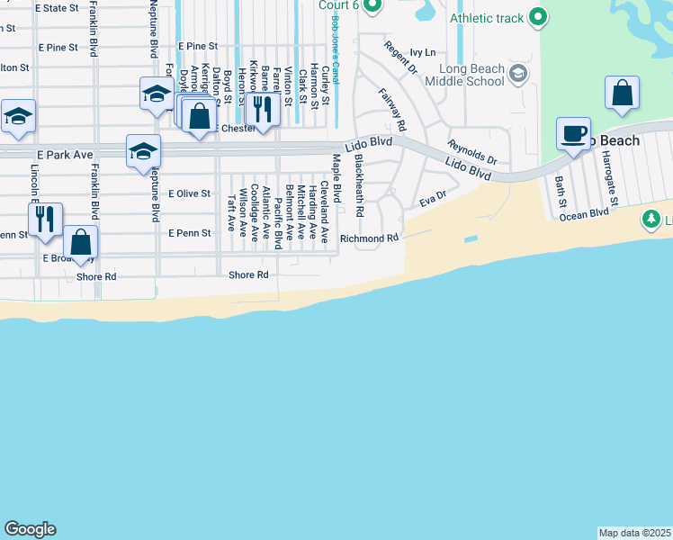 map of restaurants, bars, coffee shops, grocery stores, and more near 860 East Broadway in Long Beach