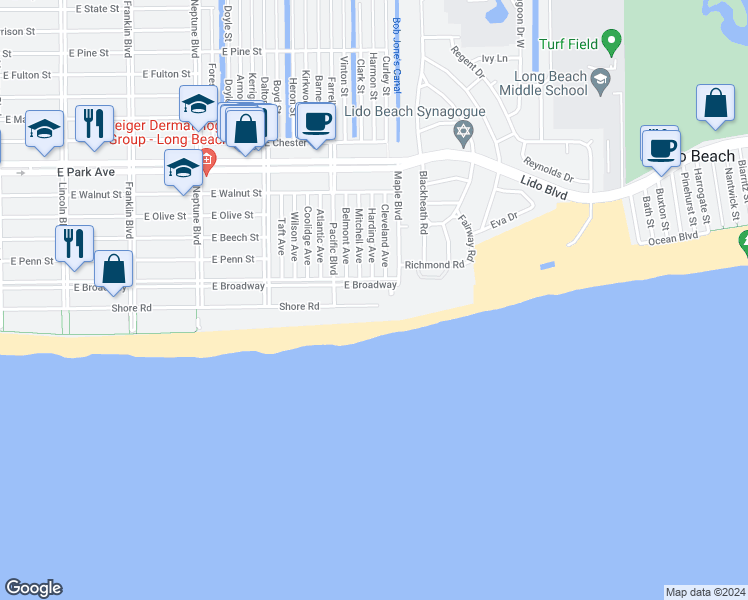map of restaurants, bars, coffee shops, grocery stores, and more near 71 Harding Avenue in Long Beach
