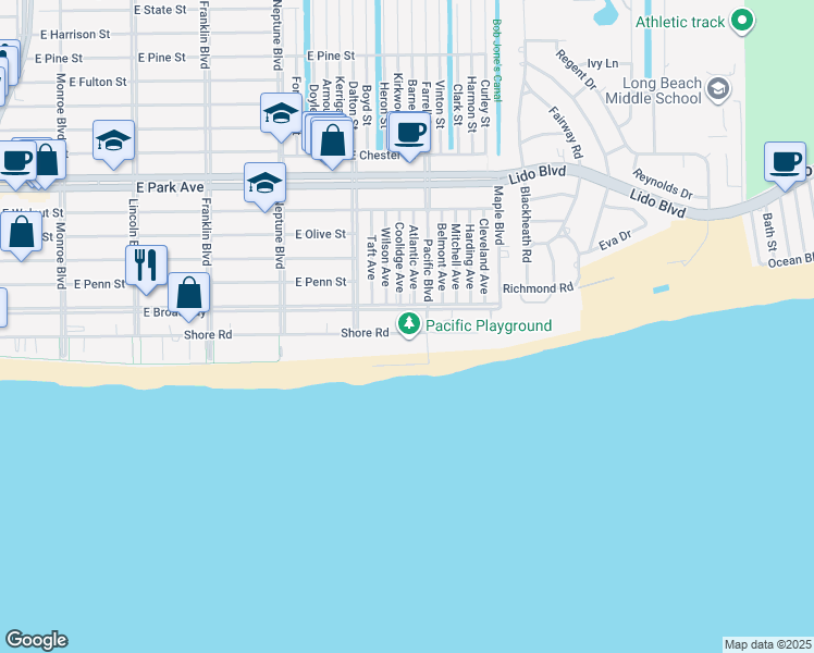 map of restaurants, bars, coffee shops, grocery stores, and more near 750 Shore Road in Long Beach