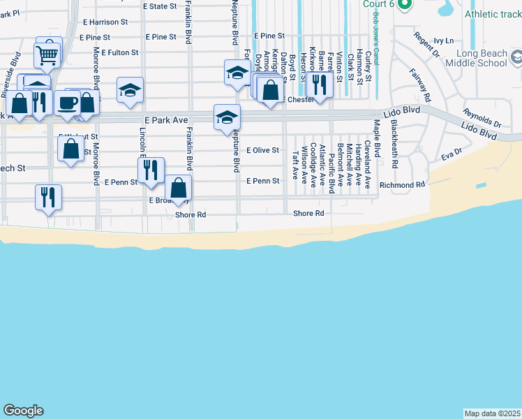 map of restaurants, bars, coffee shops, grocery stores, and more near 630 Shore Road in Long Beach