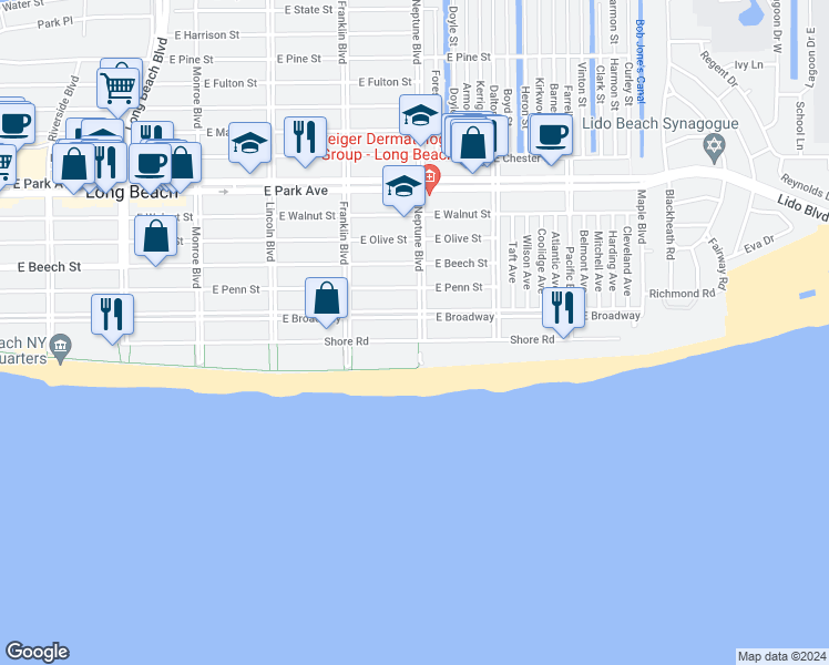 map of restaurants, bars, coffee shops, grocery stores, and more near 25 Neptune Boulevard in Long Beach