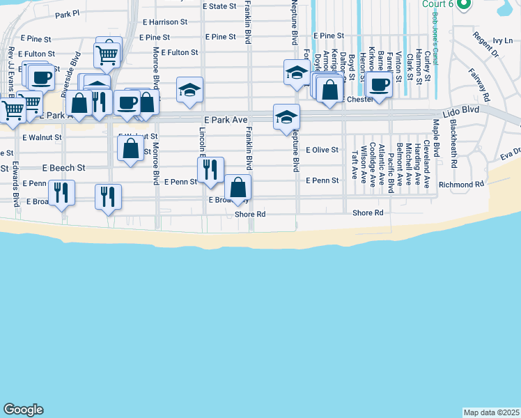 map of restaurants, bars, coffee shops, grocery stores, and more near 515 Shore Road in Long Beach