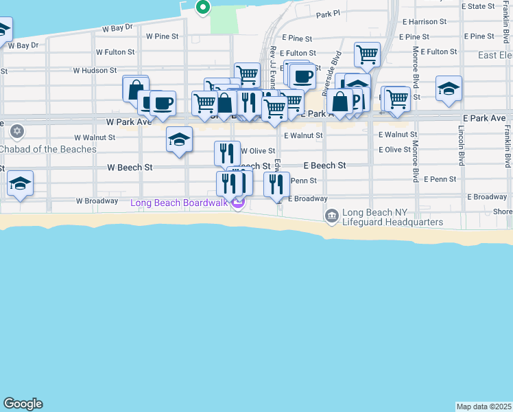 map of restaurants, bars, coffee shops, grocery stores, and more near 26 East Broadway in Long Beach