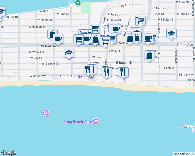map of restaurants, bars, coffee shops, grocery stores, and more near 26 East Broadway in Long Beach