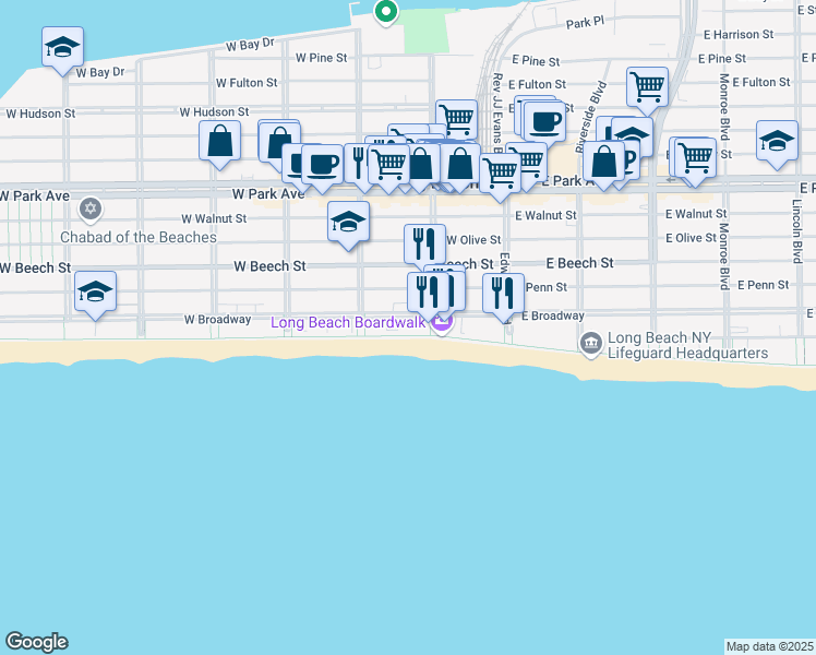 map of restaurants, bars, coffee shops, grocery stores, and more near 100 West Broadway in Long Beach