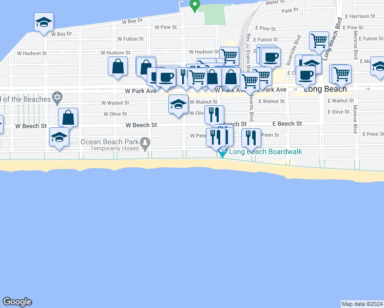 map of restaurants, bars, coffee shops, grocery stores, and more near 431-401 Oceanfront in Long Beach