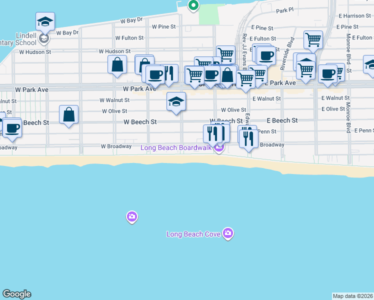 map of restaurants, bars, coffee shops, grocery stores, and more near 431-401 Oceanfront in Long Beach