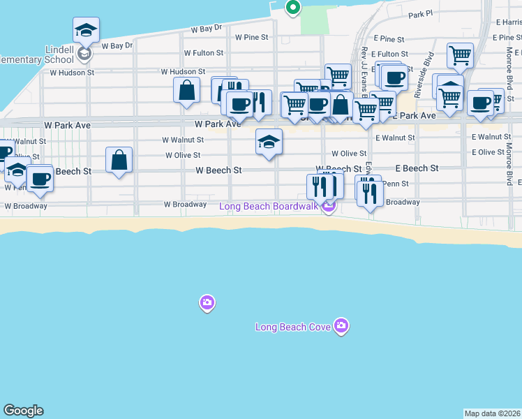 map of restaurants, bars, coffee shops, grocery stores, and more near 230 West Broadway in Long Beach