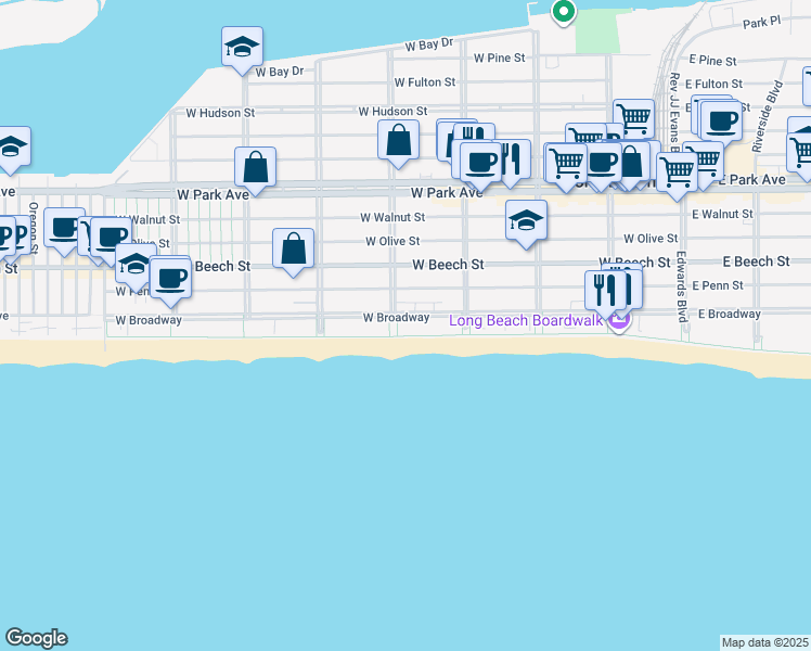 map of restaurants, bars, coffee shops, grocery stores, and more near 408 Oceanfront in Long Beach