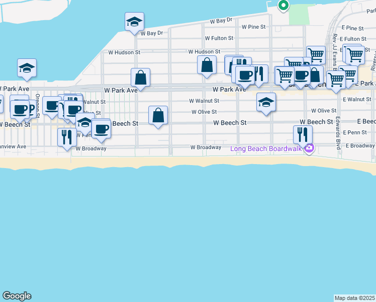 map of restaurants, bars, coffee shops, grocery stores, and more near 438 West Broadway in Long Beach