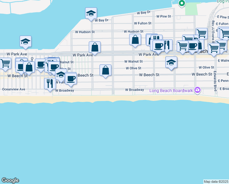 map of restaurants, bars, coffee shops, grocery stores, and more near 530 West Broadway in Long Beach