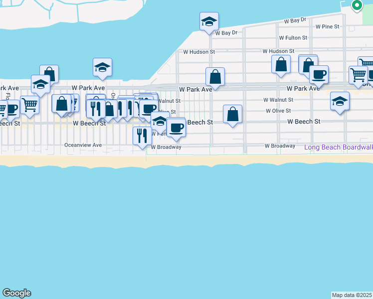map of restaurants, bars, coffee shops, grocery stores, and more near 640 West Broadway in Long Beach