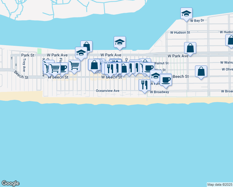 map of restaurants, bars, coffee shops, grocery stores, and more near 879 Boardwalk in Long Beach