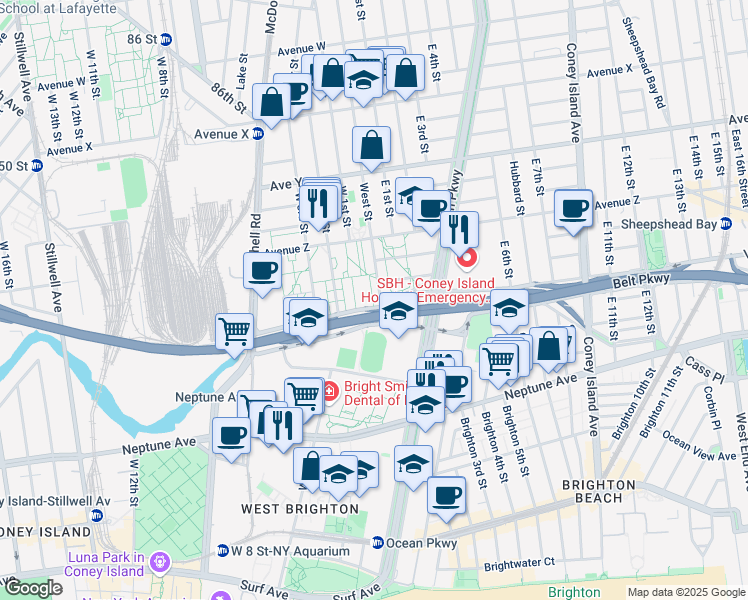 map of restaurants, bars, coffee shops, grocery stores, and more near 2684 West Street in Brooklyn