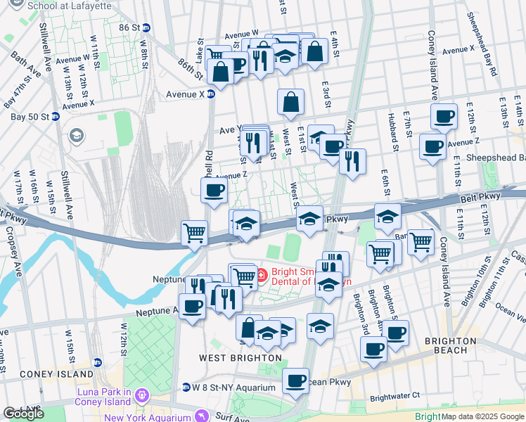 map of restaurants, bars, coffee shops, grocery stores, and more near 19 Shore Parkway in Brooklyn