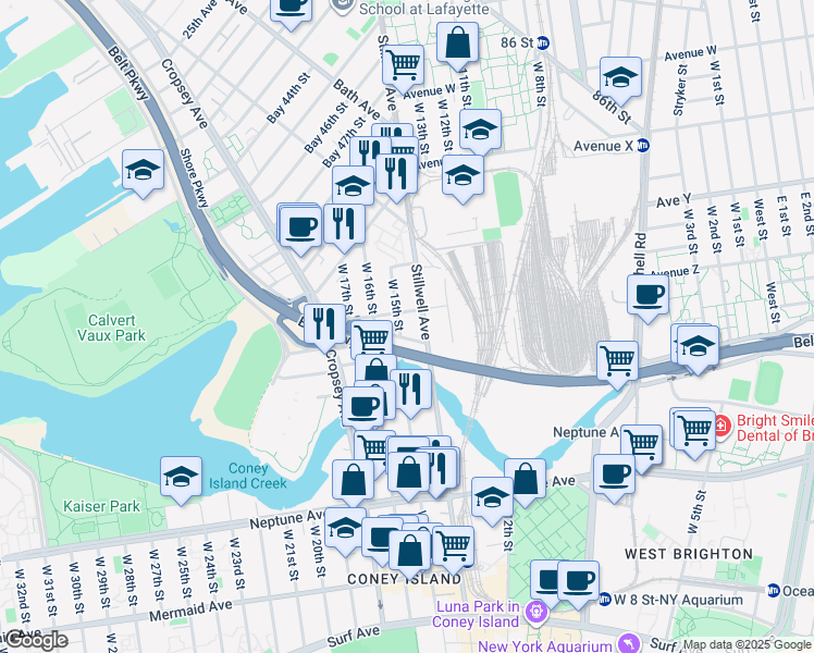 map of restaurants, bars, coffee shops, grocery stores, and more near 2608 Stillwell Avenue in Brooklyn