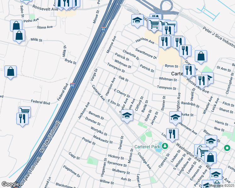map of restaurants, bars, coffee shops, grocery stores, and more near 156 Tyler Avenue in Carteret