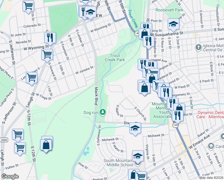 map of restaurants, bars, coffee shops, grocery stores, and more near 732 Trout Creek Lane in Allentown