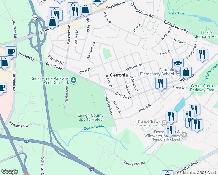 map of restaurants, bars, coffee shops, grocery stores, and more near 4042 Linden Street in Allentown