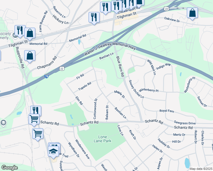 map of restaurants, bars, coffee shops, grocery stores, and more near 216 Briarwood Court in Allentown