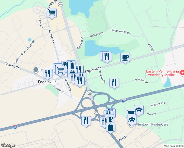map of restaurants, bars, coffee shops, grocery stores, and more near in Allentown