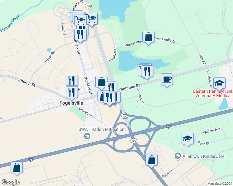 map of restaurants, bars, coffee shops, grocery stores, and more near 7720 Main Street in Fogelsville