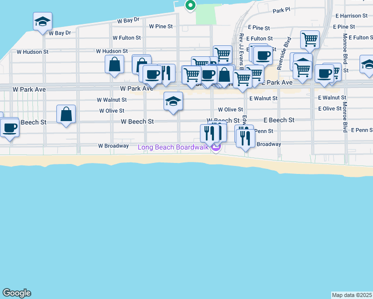 map of restaurants, bars, coffee shops, grocery stores, and more near 431-401 Oceanfront in Long Beach