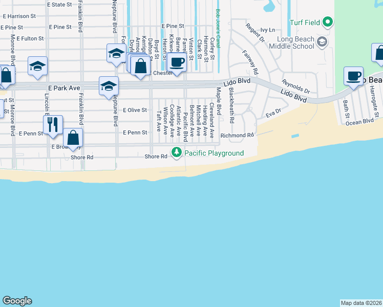 map of restaurants, bars, coffee shops, grocery stores, and more near 1 Pacific Boulevard in Long Beach