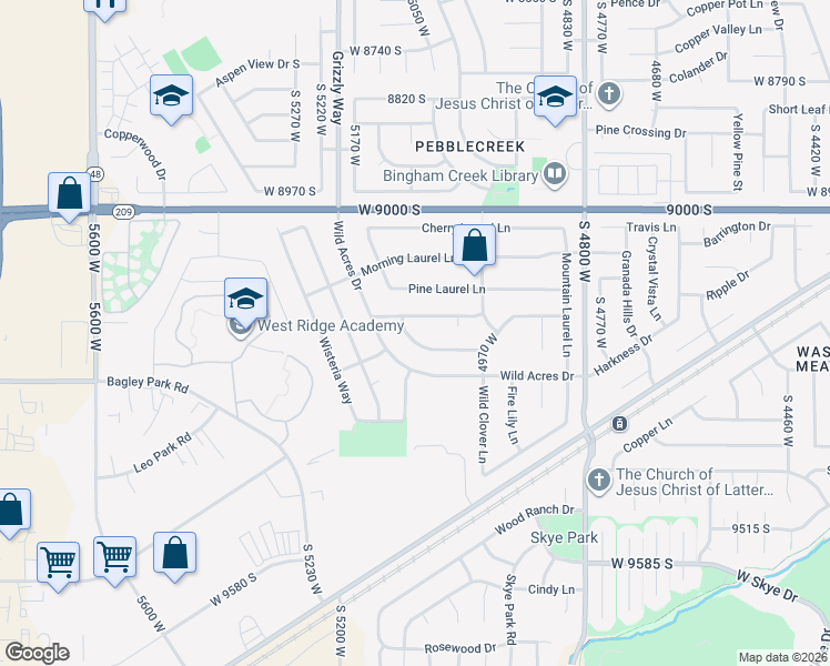 map of restaurants, bars, coffee shops, grocery stores, and more near 9203 Holly Lily Lane in West Jordan