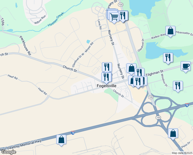 map of restaurants, bars, coffee shops, grocery stores, and more near 1028 Church Street in Fogelsville