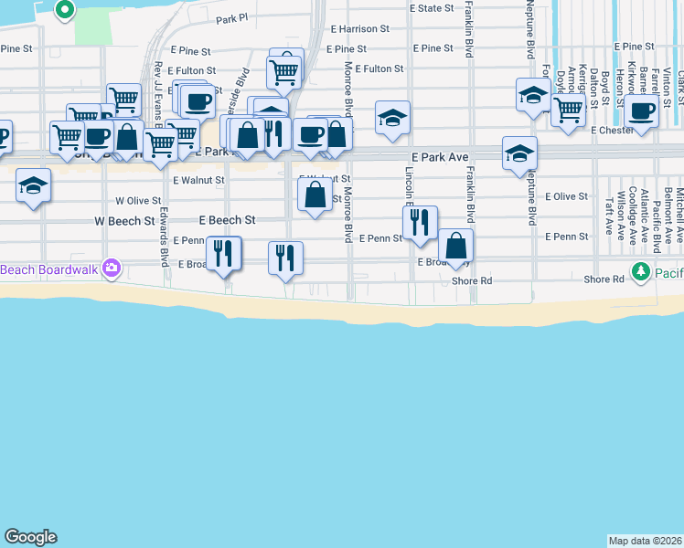 map of restaurants, bars, coffee shops, grocery stores, and more near 271 Shore Road in Long Beach
