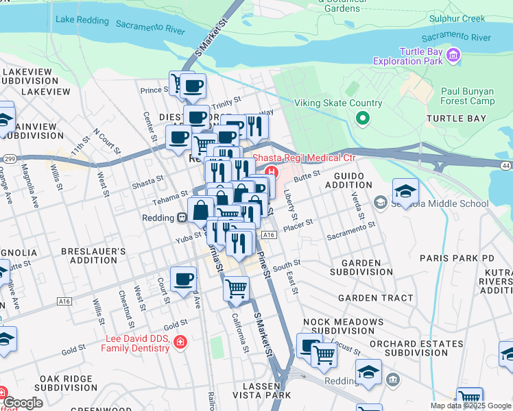 map of restaurants, bars, coffee shops, grocery stores, and more near Pine-East Street Alley in Redding